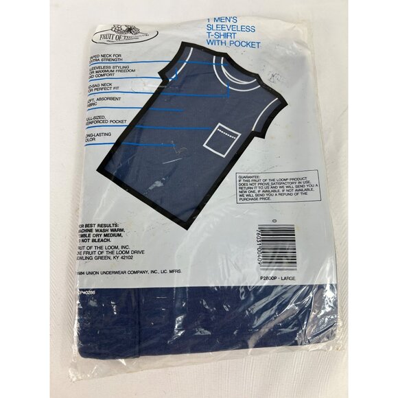 VTG 80s Pocket Shirt Fruit of the Loom Navy Blue Deadstock Sleeveless USA L 42-4 - Picture 3 of 4